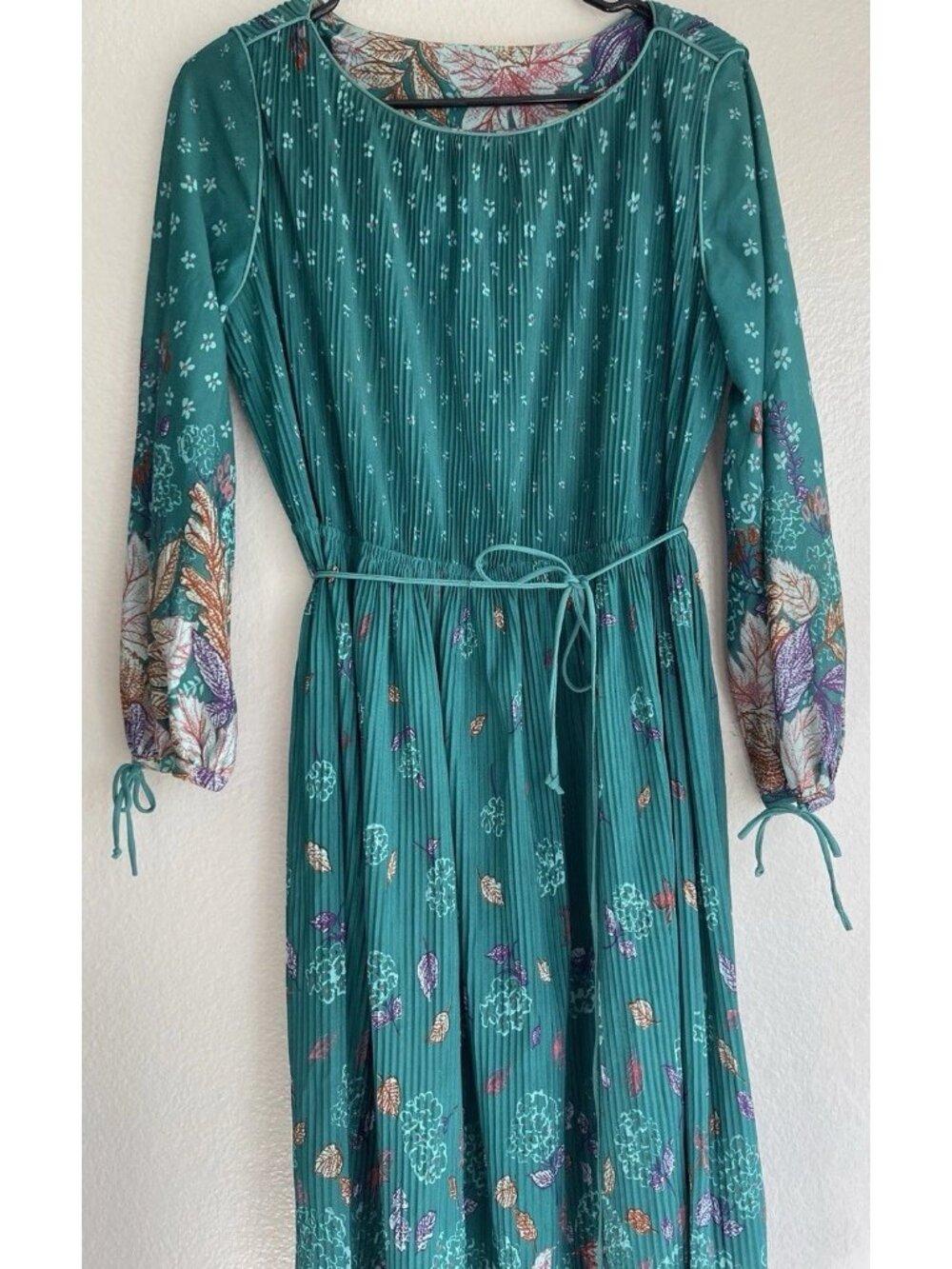 Vintage Green Hal Ferman Floral Pleated Long Sleeve Midi Dress Women’s Sz 14.5